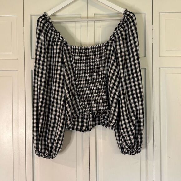 Who What Wear black linen gingham puff sleeve cropped blouse  large - Picture 7 of 10